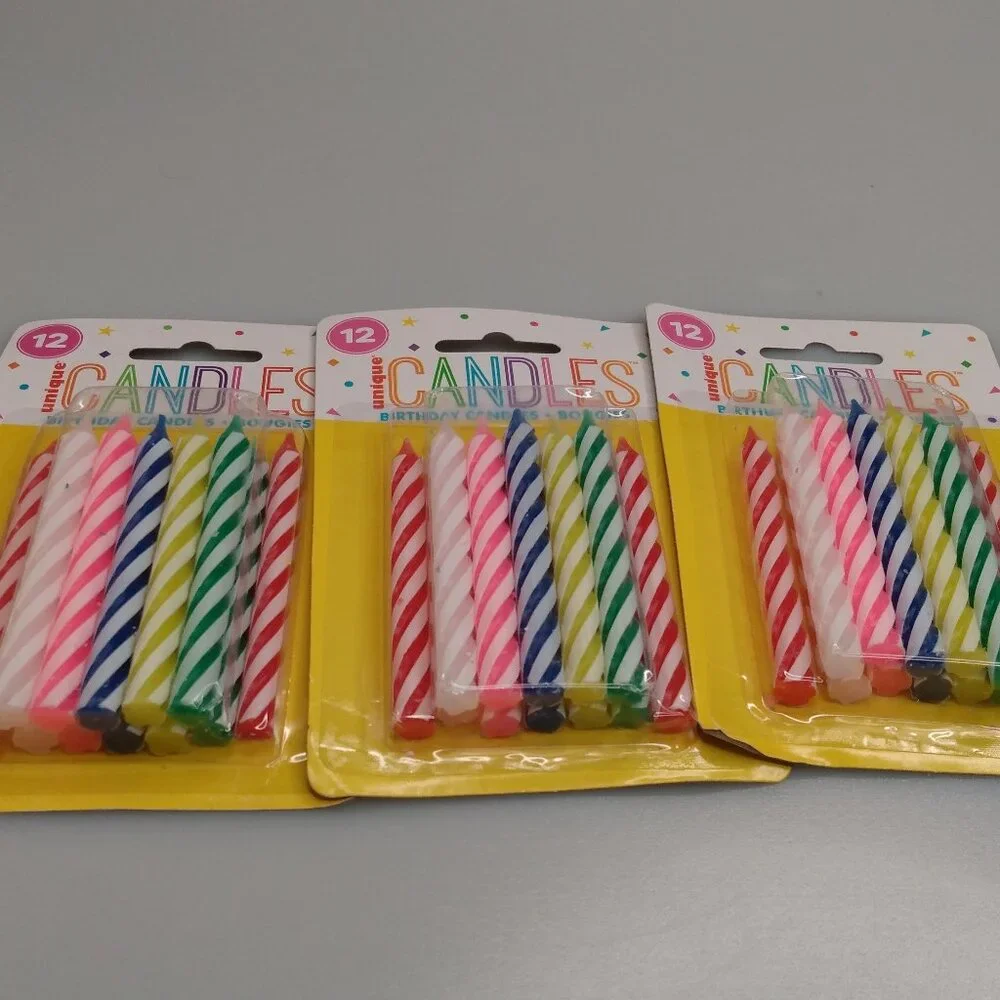 Assorted Colored Stripe Birthday Candles 3 Packs of 12 (Multipack of 36 candles)